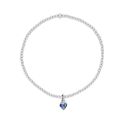 Silverly Sterling Silver Abalone Heart Ball Bead Stretch Bracelet - Stacking Beaded Ball Bracelets for Women - Boho Blue Gemstone Jewellery - Friendship Gift for Her - Beach Accessory