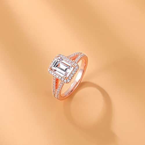 Mameloly 2Ct Engagement Rings For Women Rose Gold Emerald Cut Cubic Zirconia Wedding Band Curved Halo Promise Rings For Her Size 7 #TOP2