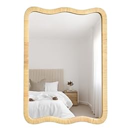 Wavy Rattan Bathroom Mirror 20″x28″ Rectangle Boho Handmade Wicker Rattan Framed Mirror for Bedroom Living Room Vanity Natural