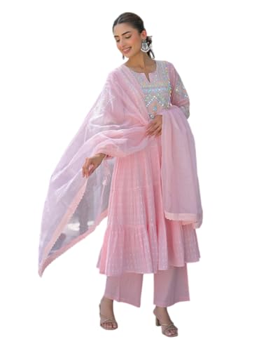 Image of Women Ethnic Motifs Embroidered Empire Kurta Set with Trors & Dupatta Thread Work Fit Ethnic for Women | Pink