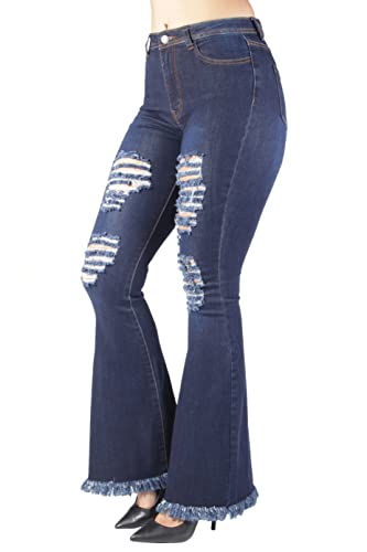 Fashion2Love Women Juniors Bell Bottom Ripped Distress High Waist Flared Stretch Jeans (HY04) - Main Image