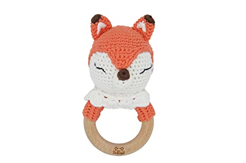 SaRassl Hochet à crochet, 100 % coton, rembourrage en fibres de polyester et anneau en bois non traité, fabriqué à la main, orange/blanc, 15 x 7,5 cm Cover