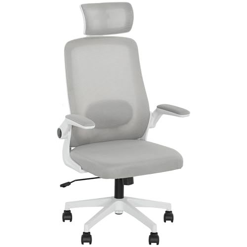 HOMCOM Chaise de bureau ergonomique en maille avec accoudoirs rabattables, soutien lombaire réglable, appuie-tête rotatif, gris