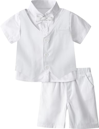 Image of A&J DESIGN Boys Short Suit Set 3 Pieces Kids Formal Gentleman Outfit, 4-11 Years, Shirt + Vest + Shorts + Bow Tie
