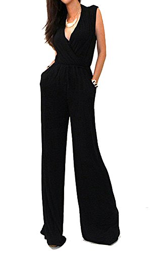 Vivicastle Sexy Wrap Top Wide Leg Sleeveless Cocktail Knit Jumpsuit (Medium, Black)