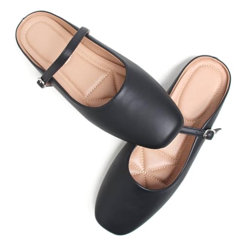 Image of TN TANGNEST Leather Flats for Women Retro Mary Jane Flats | Comfortable Square Toe Slip On Flats with Buckle Strap, Soft Work Flats Office Shoes
