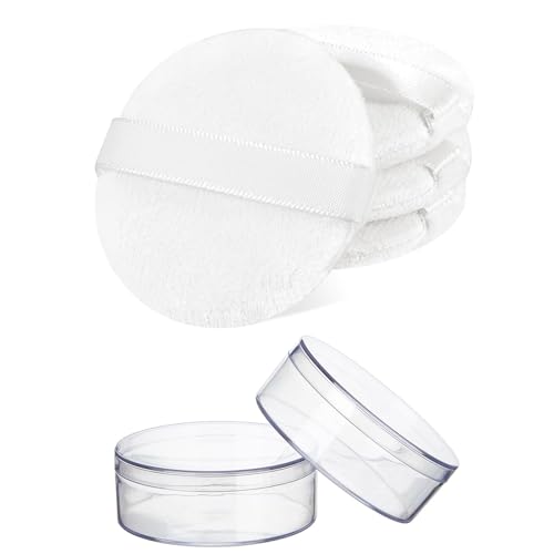 4 PCS Makeup Powder Puff,Washable 2.36 inch Cotton Puff Pads with Ribbon,White Round Beauty Tools for Loose Foundation Setting Puffs and Liquid Cosmetic