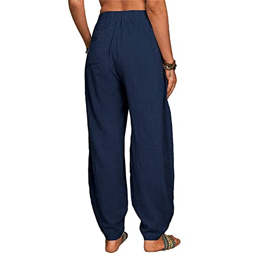 Calça casual reta e solta para mulheres, calças elásticas sólidas com cordão, calça elástica e cintu