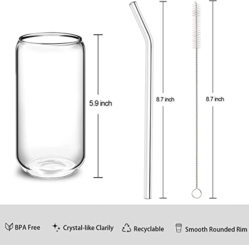 Drinking Glasses With Glass Straw 4Pcs Set - 16Oz Can Shaped Glass Cups, Iced Coffee Glasses, Beer Glasses, Cute Reusable Bottle, Ideal For Whiskey, Cocktail, Tea, Water, Gift - 2 Cleaning Brushes #TOP6