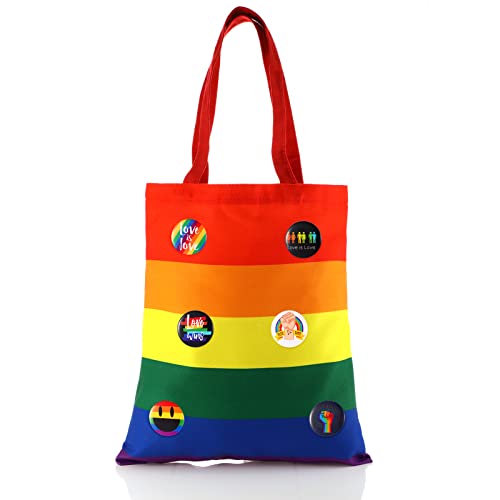 Reginary Rainbow Tote Bag Pride Gift Bag Rainbow Beach LGBT Reusable Laptop Handbags with 6 Pcs Round LGBT Pins Cute Badge for Women Men Work Study Pride Parade Wedding Party Gifts, 14. 76
