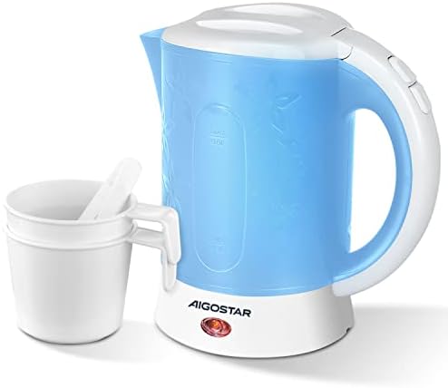 Aigostar Small Travel Kettle Electric, 650W 0.6 Litre Lightweight Kettle, Low Wattage Mini Portable Kettle with 2 Cups and 2 Spoons for Seniors Elderly Camping Bedroom, Fast Boil BPA Free, Blue