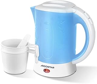 Aigostar Small Travel Kettle Electric, 650W 0.6 Litre Lightweight Kettle, Low Wattage Mini Portable Kettle with 2 Cups and 2 Spoons for Seniors Elderly Camping Bedroom, Fast Boil BPA Free, Blue