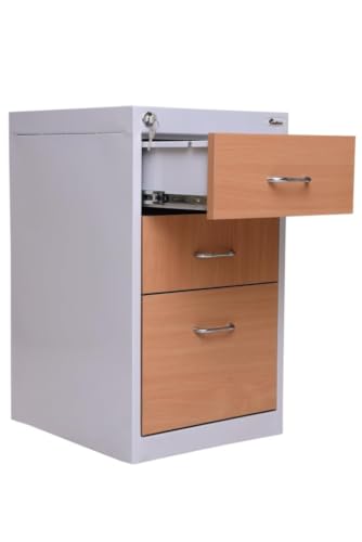 Image of Amazon Brand - Solimo 3 Drawer Steel Pedestal Cabinet | Lockable Powder Coated Filing Cabinet for Files, Documents & Stationery | Office Storage Unit (Light Grey, Pedestal with Levellers)
