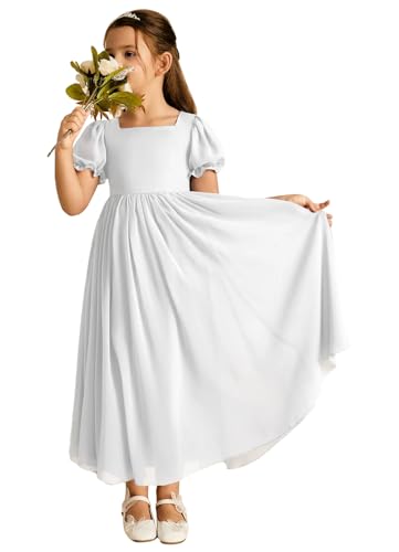 Long Chiffon Junior Bridesmaid Dresses for Wedding with Sleeve Formal Flower Girl Dress for Teens