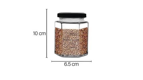 Image of Croco Hexagon Glass Jar and Container With Rust Proof Air Tight Black Lid, Suitable For Use In Your Home Office, Kitchen Storage (Pack Of 6)