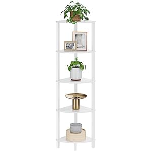 VASIHO Étagère d’angle à 5 Niveaux avec Échelle, Étagère de Rangement, Étagère de Rangement pour Plantes, Cuisine, Salon, Design Industriel, Blanc JSJ001W