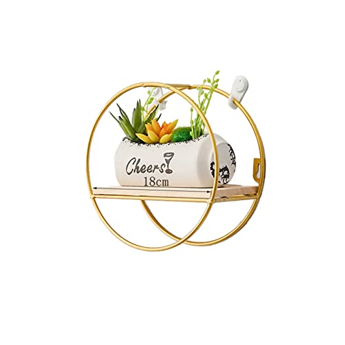 Glomora Elegante estante de pared de hierro de madera, exquisito estante de almacenamiento montado en la pared, fácil de colgar, adecuado para sala de estar, baño, oficina, dormitorio (redondo dorado)