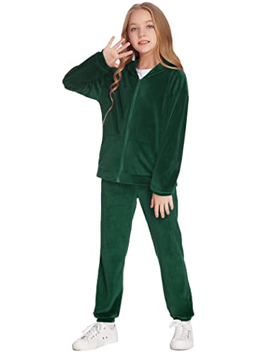 Hopeac Big Girls Velour Clothes Outfits Full Zip-Up Sport Suits Tracksuits Solid Fall Pullover Hoodie And Sweatpant Pant Sets Dark Green #TOP1