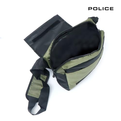Image of Police Unisex Hedge premium Crossbody Bag | Durable Nylon Sling Bag for Men & Women | Adjustable Strap | Army Green & Black