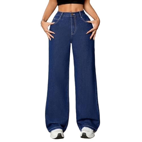TimeGofate Women's Dark Blue High-Waist Stretch Loose Wide-Leg Jeans, Retro