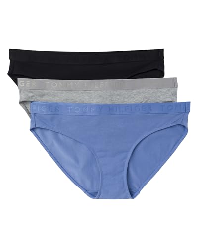 Tommy Hilfiger Womens Cotton Bikini Underwear with Elastic Waistband 3-Pack, Ebb & Flow/Heather Grey/Black, Small