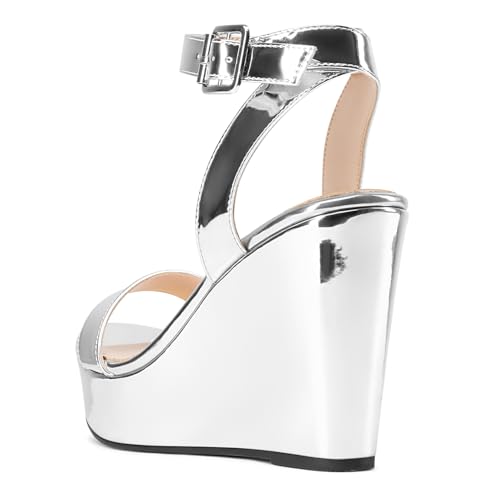Image of Aachcol Women Platform Wedge Sandals Round Peep Open Toe Ankle Strap Slingback Two-Piece Chunky Block High Heel Dress Shoes Pumps Party Patent 4 Inch