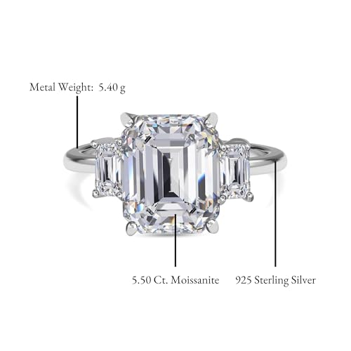 5.5ct Moissanite Emerald Cut Three Ring for Women EF Color VS Clarity in 925 Sterling Silver April Birthstone Jewelry for her Wedding Anniversary Birthday4