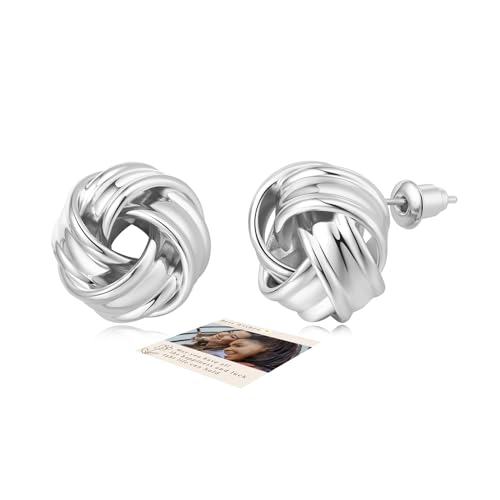 Image of Silver Studs Earrings for Women, Hypoallergenic Silver Earrings Women, Sterling Silver Stud earrings, Sterling Silver Love Knot Earrings Jewellery Birthday Christmas Gifts with Box