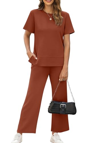 Image of XIEERDUO Women's Side Slit Lounge Sets 2026 Fashion 2 Piece Travel Outfits Cozy Loungewear Wide Leg Tracksuits S-3XL