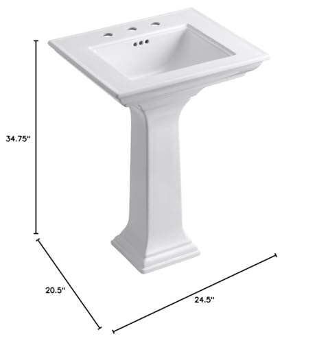 KOHLER K-2344-8-0 Memoirs Stately 24-1/2" Rectangular Pedestal Bathroom Sink, 8" Widespread Faucet Holes, Fireclay Pedestal Lavatory Sink, White - Thumbnail 5