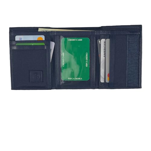 Image of Sprocket Men's Nylon Trifold Wallet with Leather Trim and ID Window (Navy)