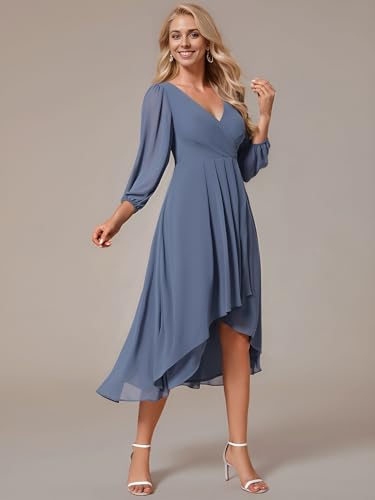 Image of Ever-Pretty Women's Chiffon V Neck Long Sleeves A-Line Midi Length Wedding Guest Dress Cocktail Party Formal Dresses 01926