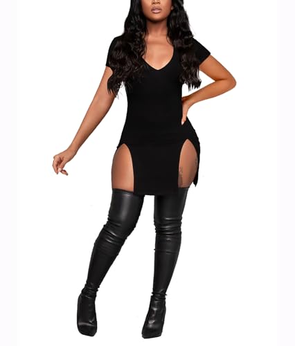 Rooscier Women's Summer V Neck Split Side Short Sleeve Bodycon Sexy Casual Mini Dress4