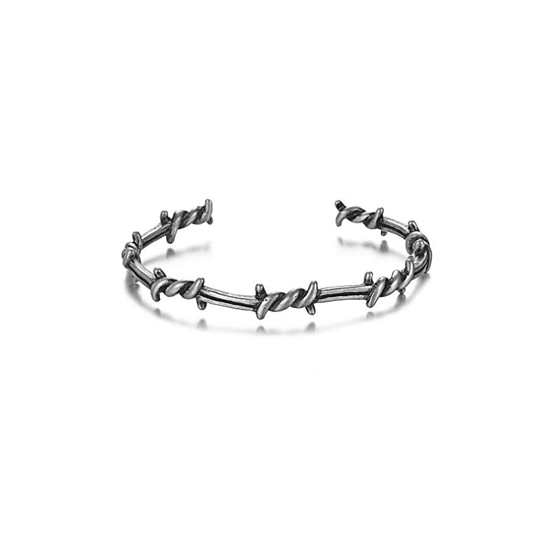 Barsly Men Bangle Open Cuff Twist Thorns Wire Titanium Steel Geometric Bracelet Open Cuff Barbed Jewelry Viking Bangles