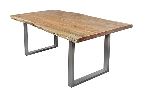 SAM Esstisch 200 x 100 cm Cali, Baumkantentisch naturfarben, Akazienholz massiv, U-Gestell aus Metall Silber, aufgedoppelte Kanten 25+25 mm