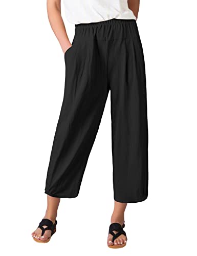 TOMEEK Damen Linien Hosen Sommer 7/8 Hose mit Weitem Bein Freizeithose Elegante Baumwollhose Elastische Taille Palazzo Haremshose Lose Hose mit Taschen, Schwarz, Größe M