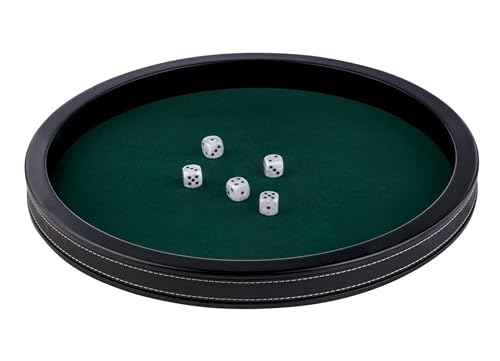 Engelhart-300802 – Poker Tisch Einsatz Rund 39,8 cm Deluxe – Schwarzes Kunstleder – Grünes Filz Inlay – Hohe Ränder – 5 Würfel Inklusive – Würfelspiel Zubehör