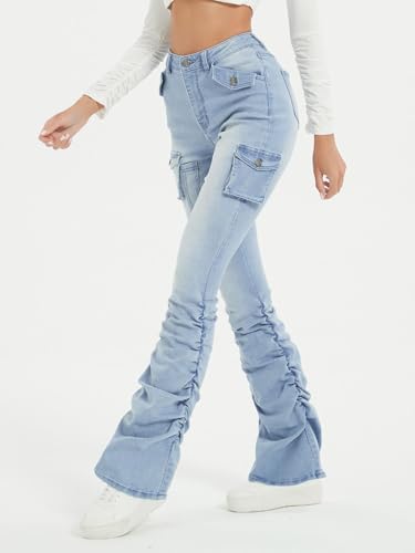 Women's Stacked Flare Jeans Mid Rise Denim Bootcut Stretchy Denim Cargo Pants Trousers with Pockets2