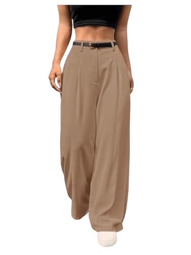 SweatyRocks Women's High Waist Work Pants Dressy Casual Wide Leg Flowy Trousers Khaki X-Small