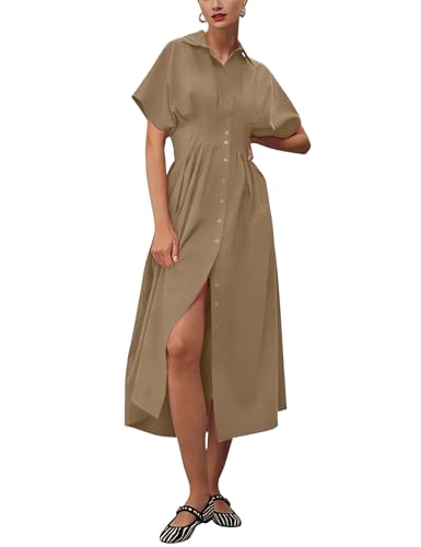 Image of Yeokou Shirt Dress for Women Summer Casual Short Sleeve Button Down Loose Pleated Maxi Sundress with Pockets