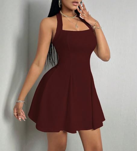 Image of PerZeal Women's Summer Halter Dress Backless Mini Beach Party Dress Sleeveless A-Line Sundress Casual Club Dress
