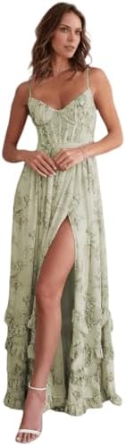 V Neck Chiffon Bridesmaid Dresses Long A Line Plus Size Floral Prom Dress with Slit for Women Formal Evening Gowns US22 Sage-Green