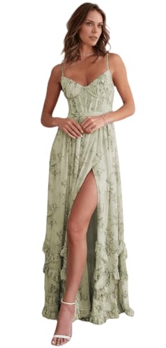 Floral Chiffon Long Bridesmaid Dresses for Women A Line V Neck Formal Evening Gowns with Slit Ruffle Prom Dress