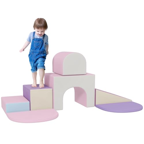 HOMCOM 7PCS Module motricité bébé Parcours motricité bébé Blocs de Construction en Mousse EPE avec Housse en revêtement synthétique - Jouets éducatifs pour Enfants d'âge préscolaire, Multicolore
