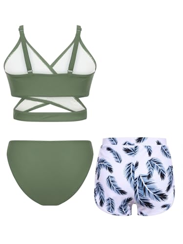 Kids Girls 3Pcs Rash Guard Feather Print Athletic Swimsuit Swim Bikini and Beach Shorts Bathing Suit2