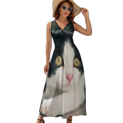 Robe décontractée chat noir blanc longue pour masquer les complexes - 6