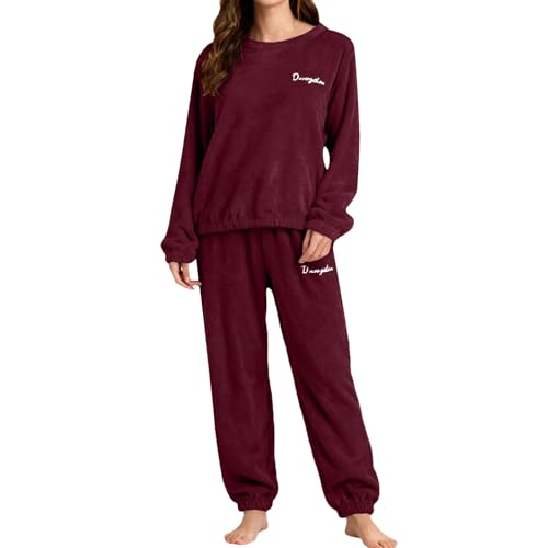 Pijama mujer invierno polar largo afelpado pijamas invierno cálido manga larga tallas conjuntos pijama elegante ligero dos piezas y pantalón largo Loungewear Casual ropa de casa térmica, Vino, S
