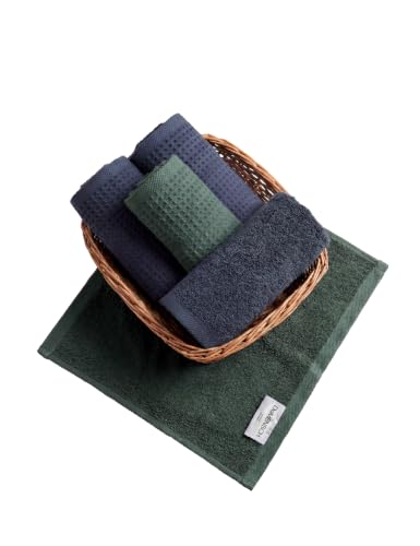 Image of DAMENSCH Unisex Premium Bamboo Blend, Ultra-Soft, Absorbent, Dual Waffle and Terry Texture Waffle Face Towel - Ocean Blue, Forest Green - Pack of 5