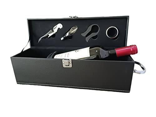 Wine Gift Box with 4 Wine Accessories set，Portable Single Bottle Wine Carrier Case for...