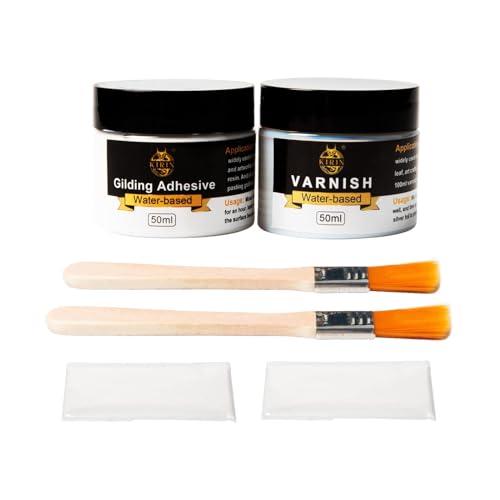 Blattgold Kleber 100ml Set Mit Wasserbasiertem Blattgoldkleber und Schutzlack 2 Pinsel 2 Einweghandschuhe für Metallfolienblätter Malerei Vergoldung Handwerk Heimdekoration